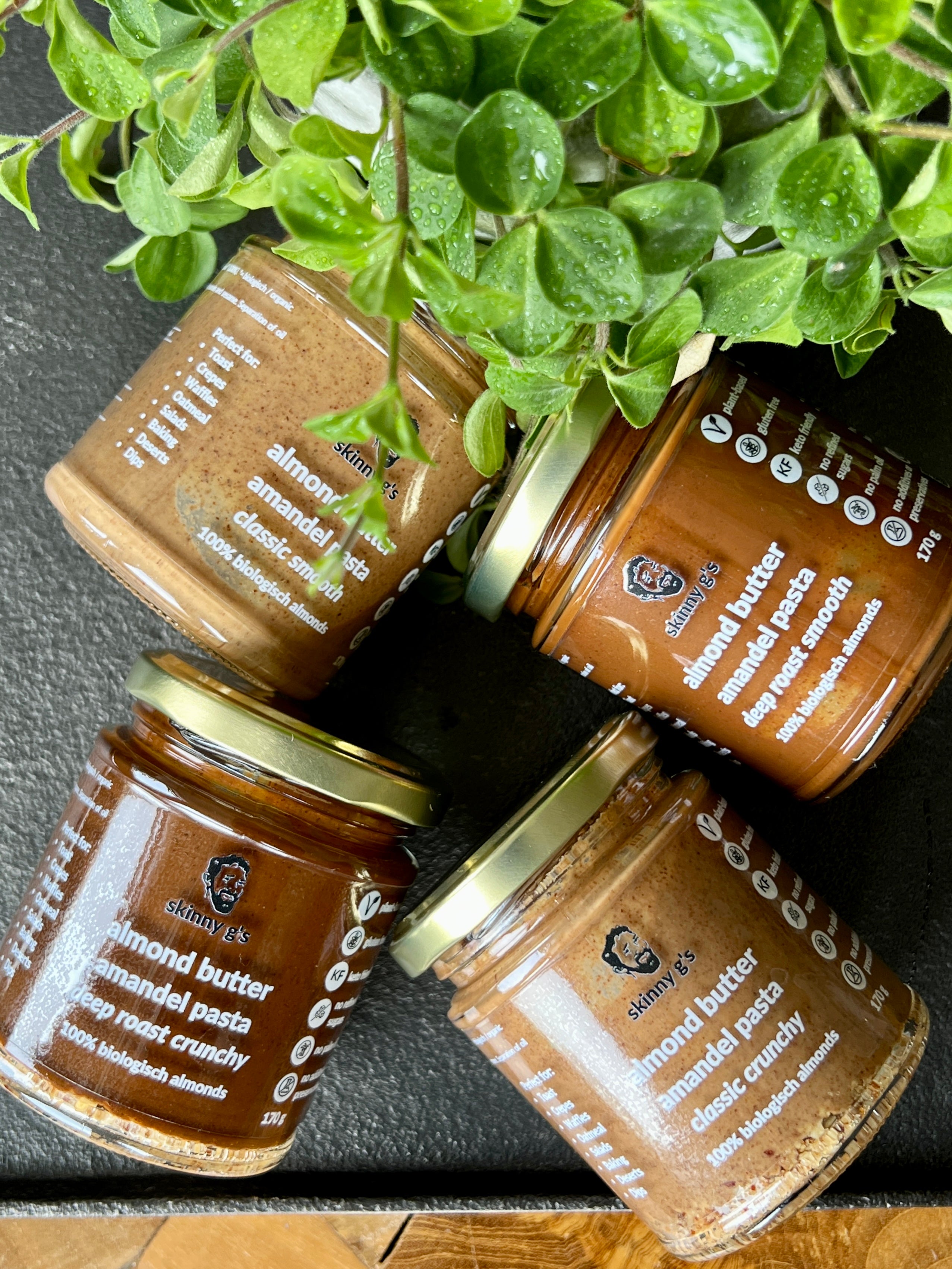 skinny g's almond butter all four flavours - classic smooth, classic crunchy, deep roast smooth and deep roast crunchy; with a plant for aesthetics